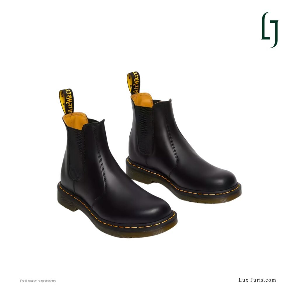 A close-up image of a Dr. Martens shoe featuring its signature yellow stitching.