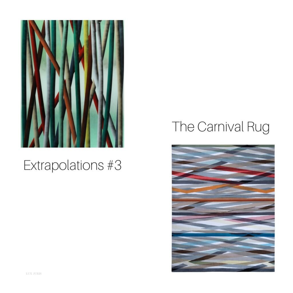 Side-by-side view of Paul Smith’s Carnival Rug and Judy Stabile’s artwork