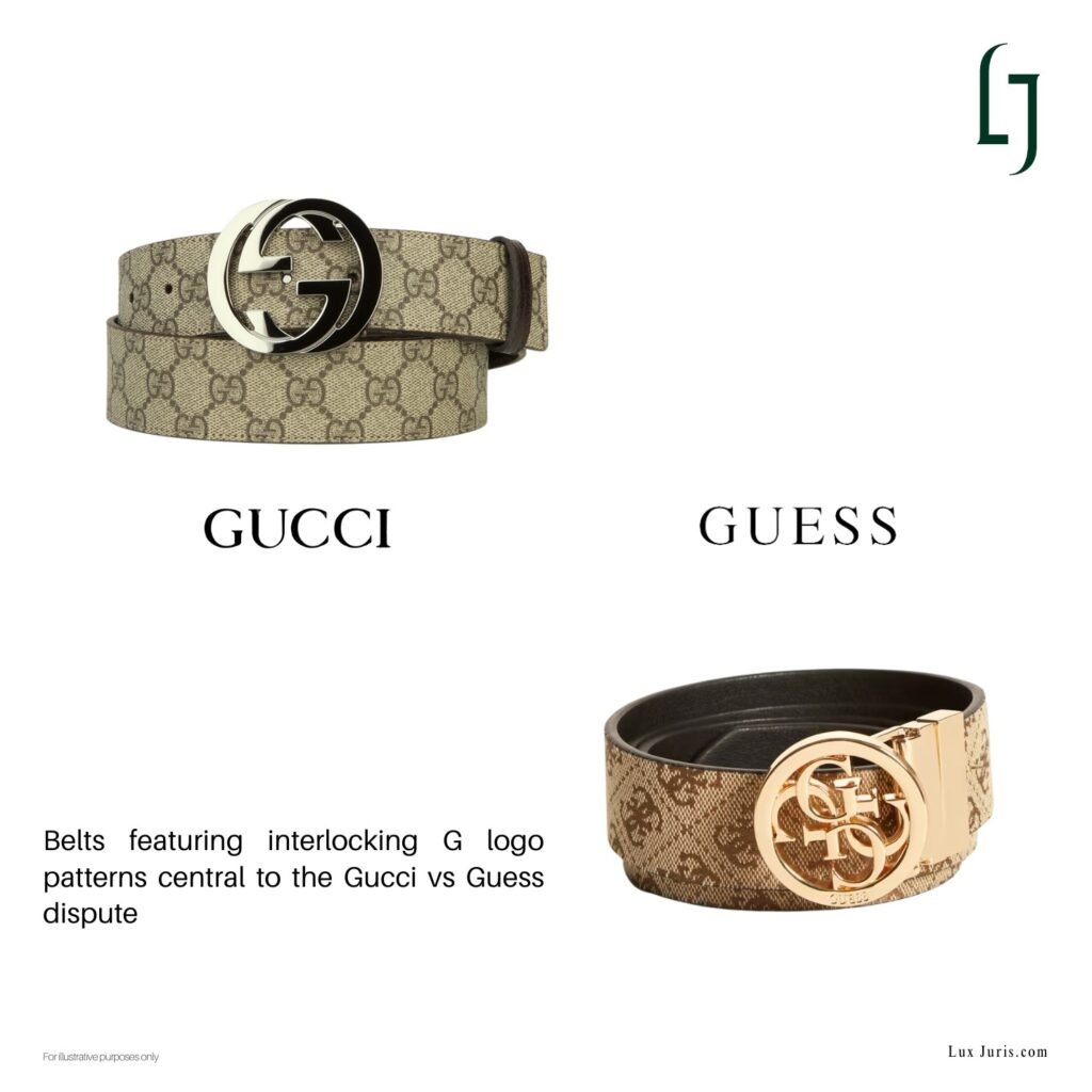 Belts from both brands featuring interlocking G logo patterns to illustrate the Gucci vs Guess case.