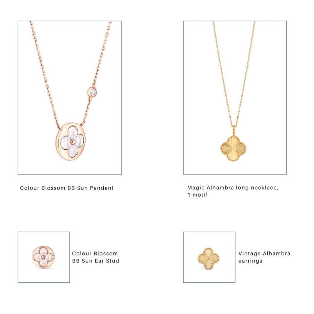 Louis Vuitton's Color Blossom and Van Cleef & Arpels' Vintage Alhambra jewelry collections, showcasing their distinct designs.