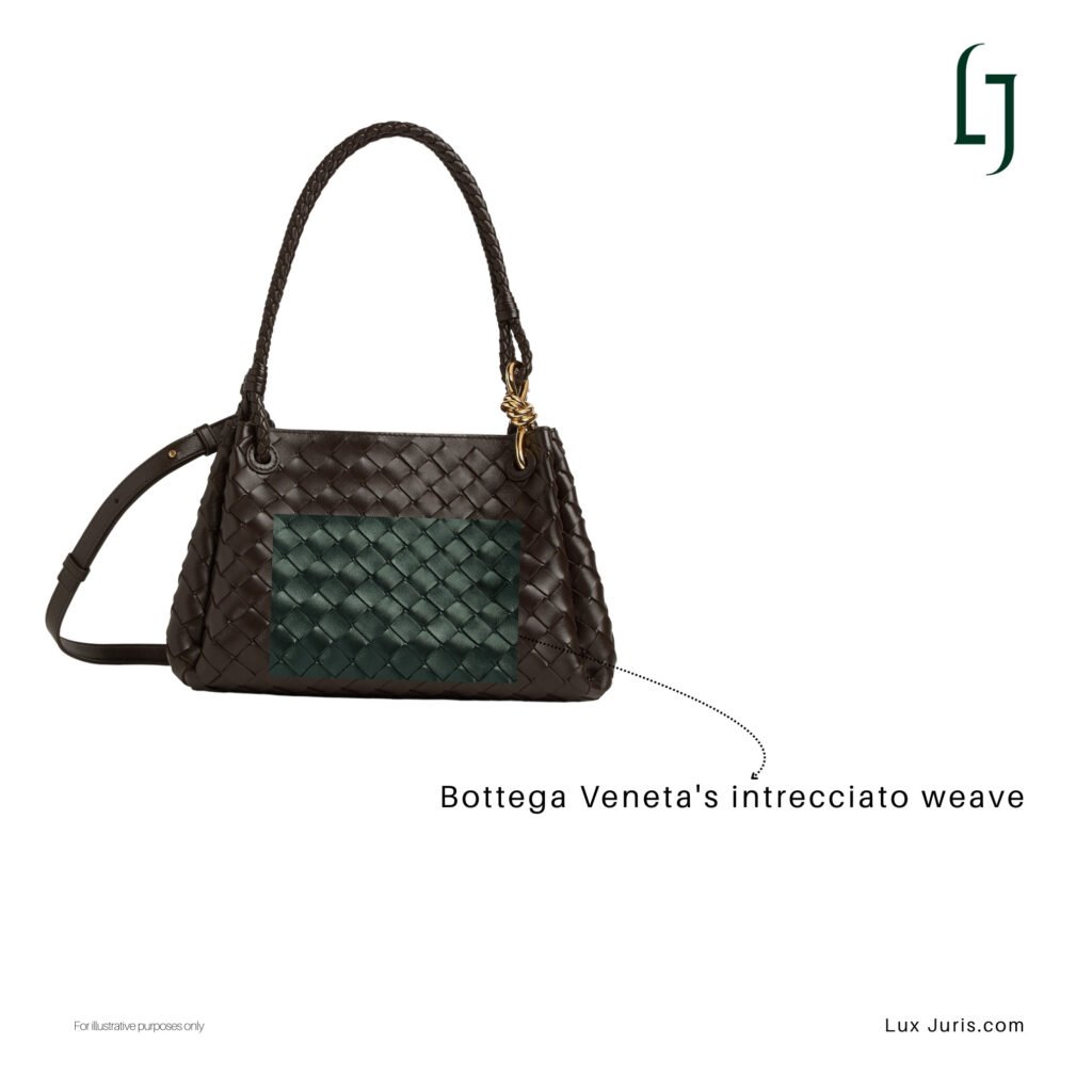 Image: A leather handbag featuring Bottega Veneta’s iconic intrecciato weave in a diagonal pattern