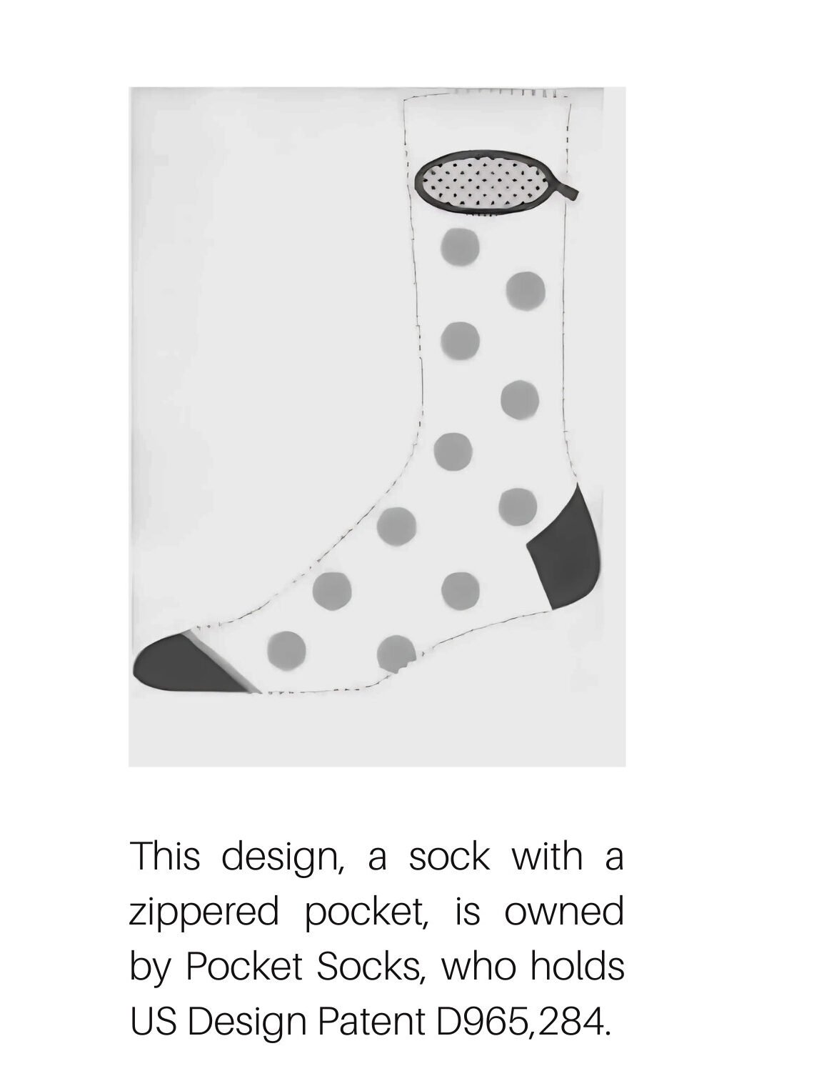 Design patent drawing filed by Pocket Socks, Inc., showing a sock with an integrated pocket feature as claimed in the registration.