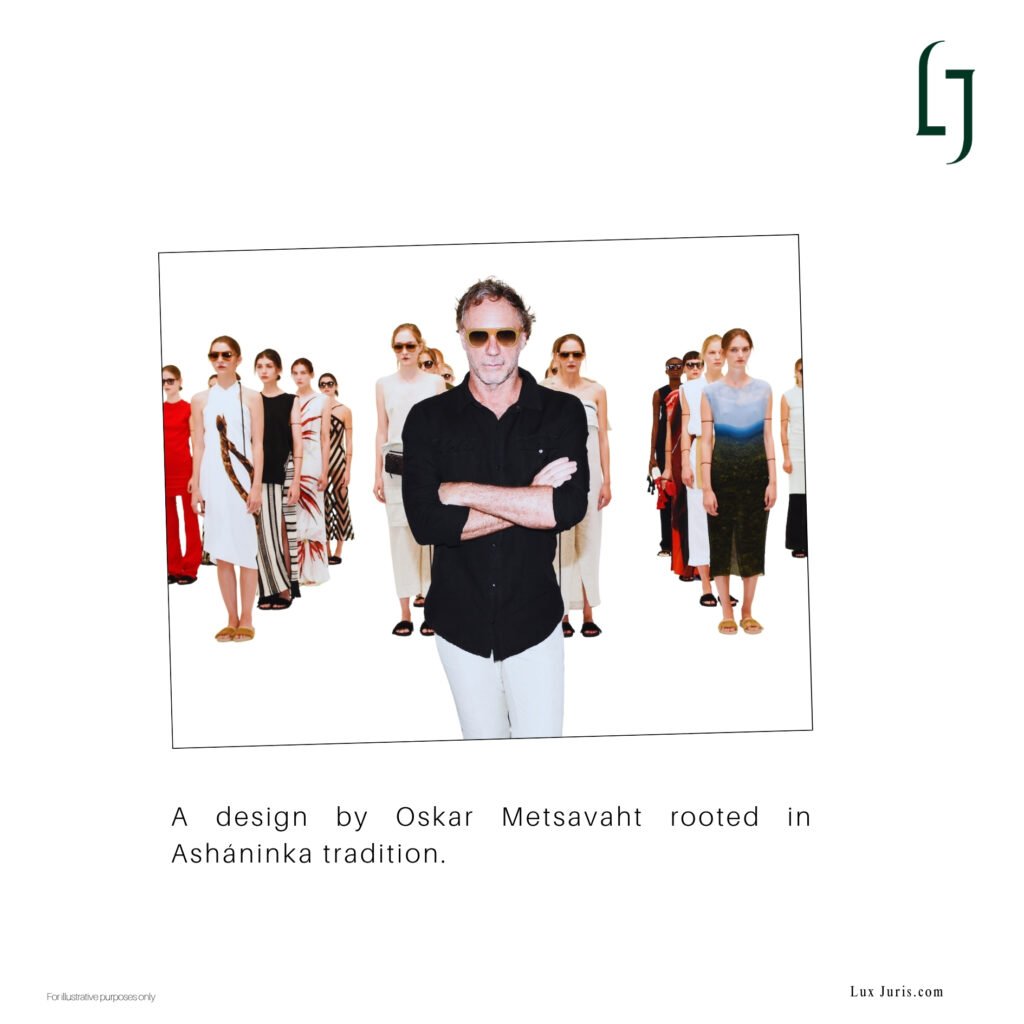 Image of designer Oskar Metsavaht and a design rooted in Asháninka cultural tradition