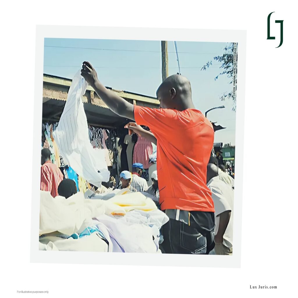 An image of a man seeing a shirt on a streetside display, reflecting how secondhand fashion, locally known as Okrika or bend-down-select, is accessed in Nigeria.