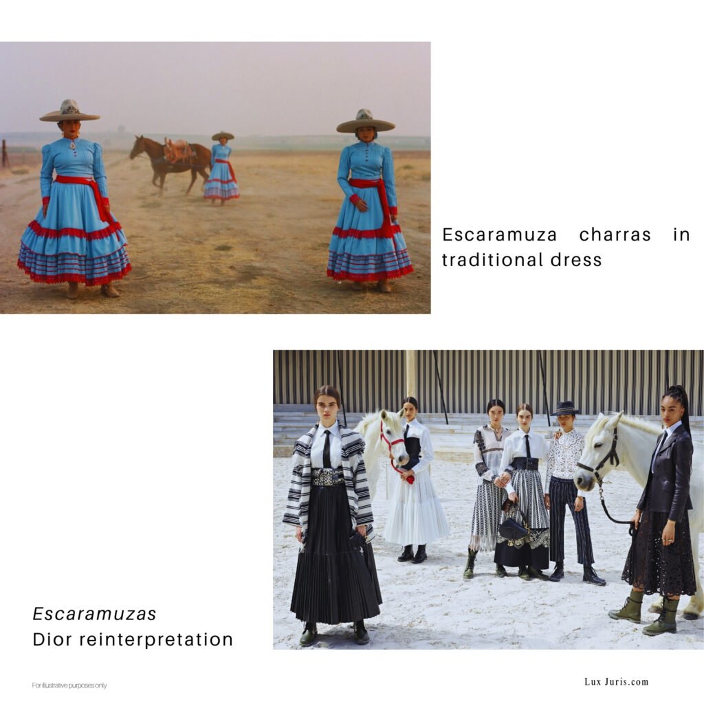 Image of escaramuza charras in traditional costume next to Dior reinterpretation