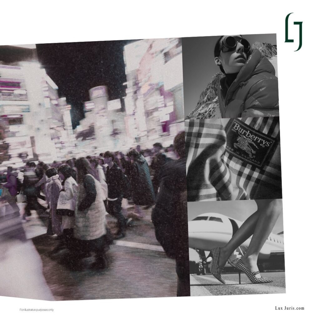 Image: A visual representation of China’s consumer market, showing a crowd alongside product images from Moncler, Burberry and Manolo Blahnik, illustrating the presence of luxury dupes in China