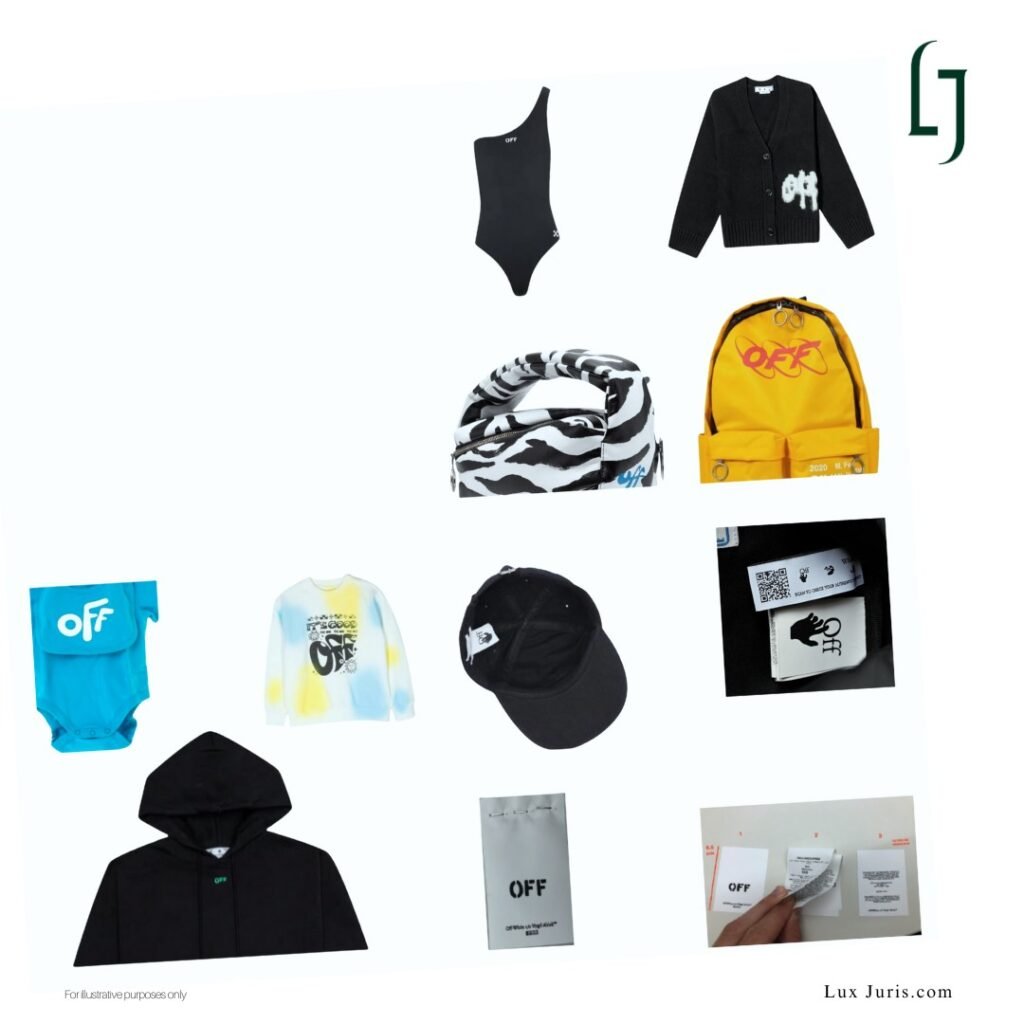 Trademark evidence submitted as proof of use on 28 August 2024, showing ‘OFF Branded’ visible on all items in the image.