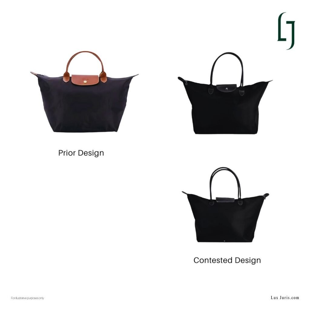 Side by side image of the Longchamp tote and the contested Jie Yu bag, showing identical shapes and features.