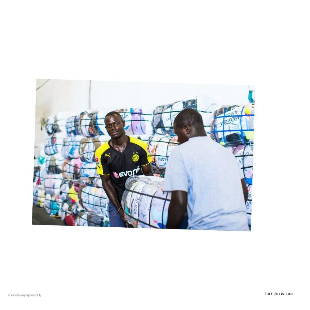 Image: Men lifting a large cloth bale
