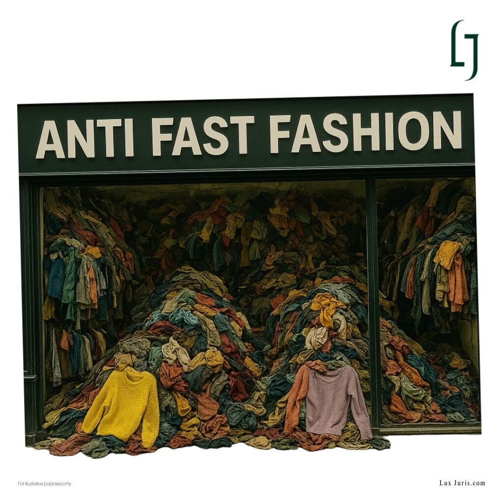 Piles of discarded clothing with the words ‘Anti Fast Fashion’ displayed on top.