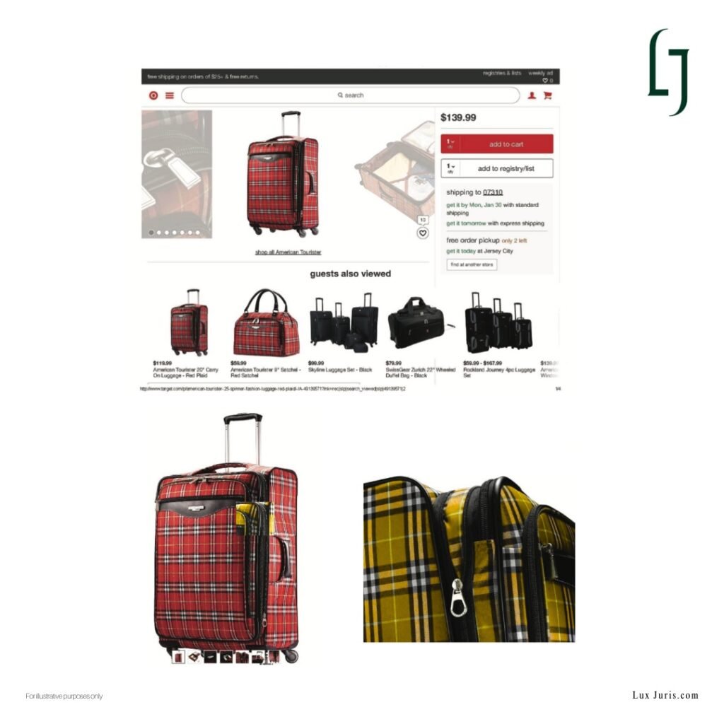 Screenshot of luggage allegedly infringing Burberry’s trademark, shown in various sizes and offered by Target.