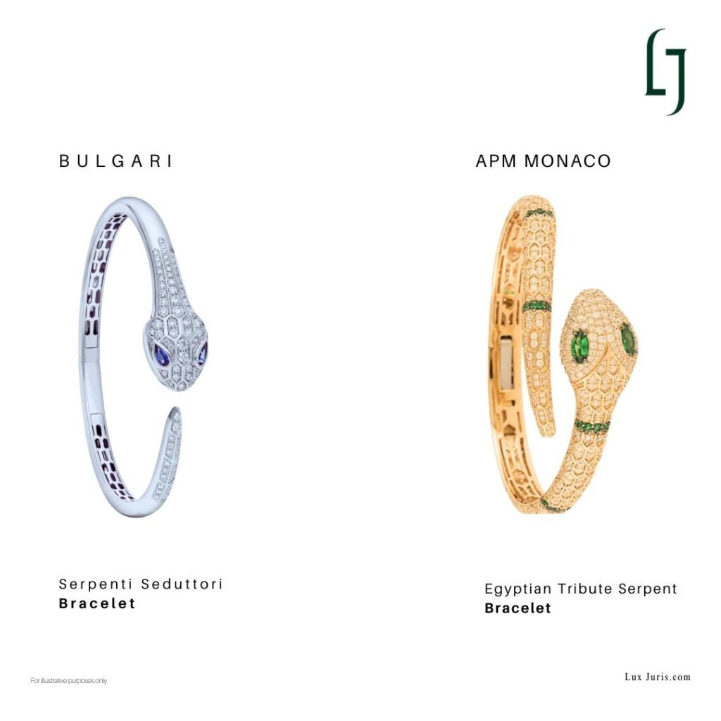 Side-by-side comparison of two bracelets. On the left, Bulgari Serpenti Seduttori Bracelet; on the right, APM Egyptian Tribute Serpent Bracelet.