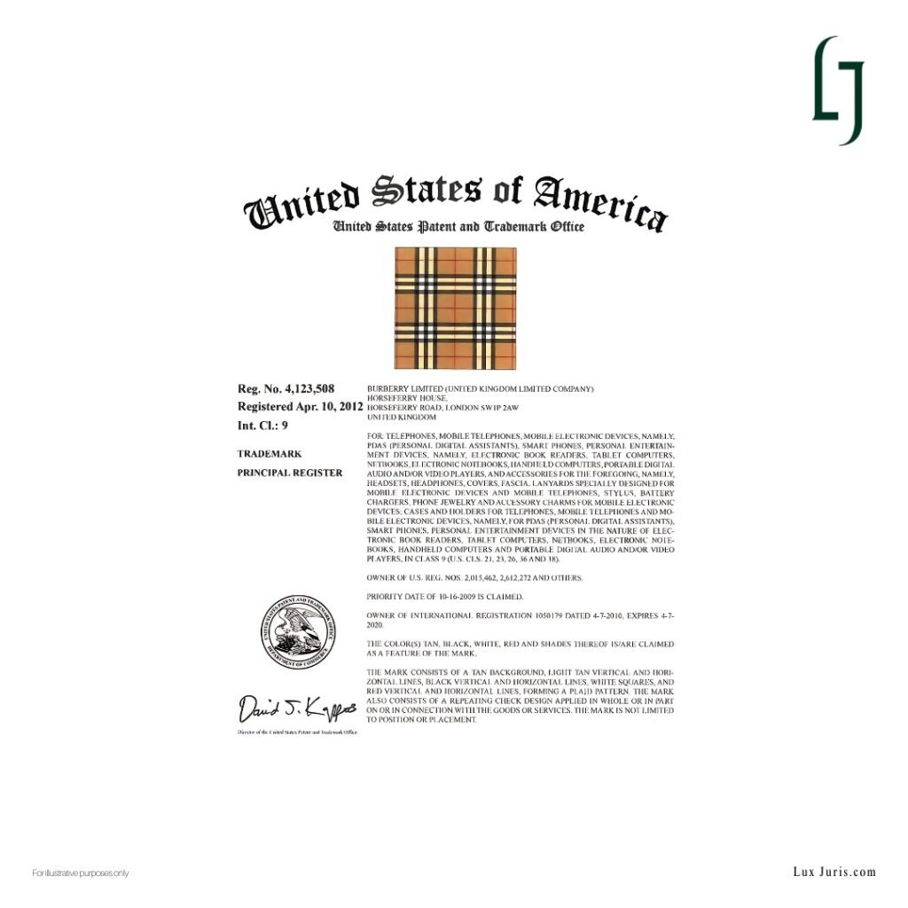 Image: United States trademark registrations for Burberry Check pattern.