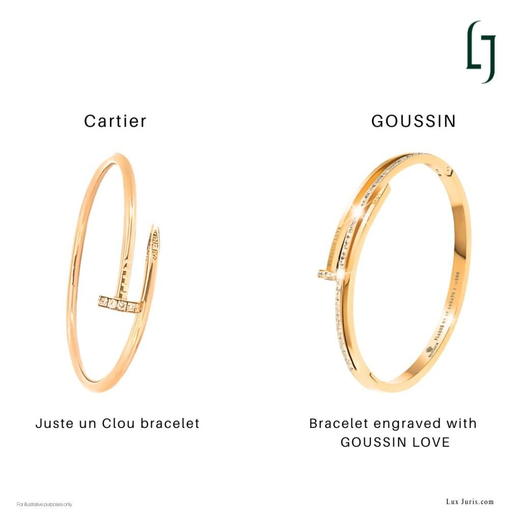 Image:C artier’s LOVE bracelet alongside Goussin’s bracelet engraved with GOUSSIN LOVE