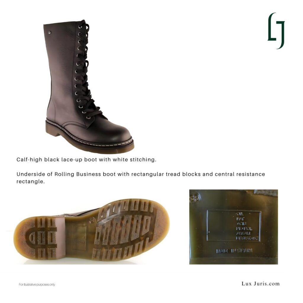 Calf-high black lace-up boot with white stitching and an underside featuring rectangular tread blocks and a central resistance rectangle.