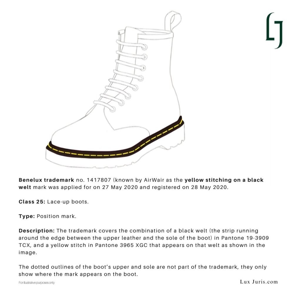Position mark showing a boot outline with a black welt and bright yellow stitching around the perimeter of the sole.