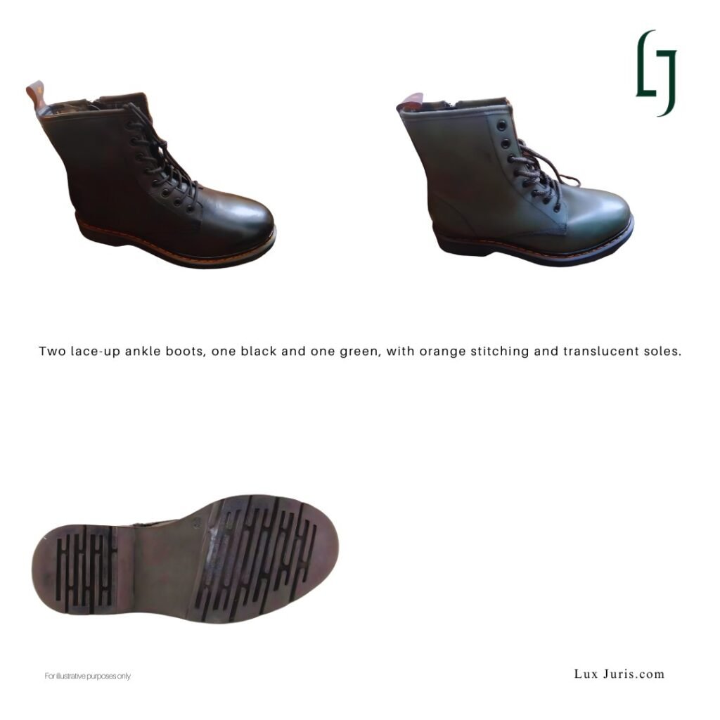 Two lace-up ankle boots, one black and one green, with orange stitching and translucent soles.