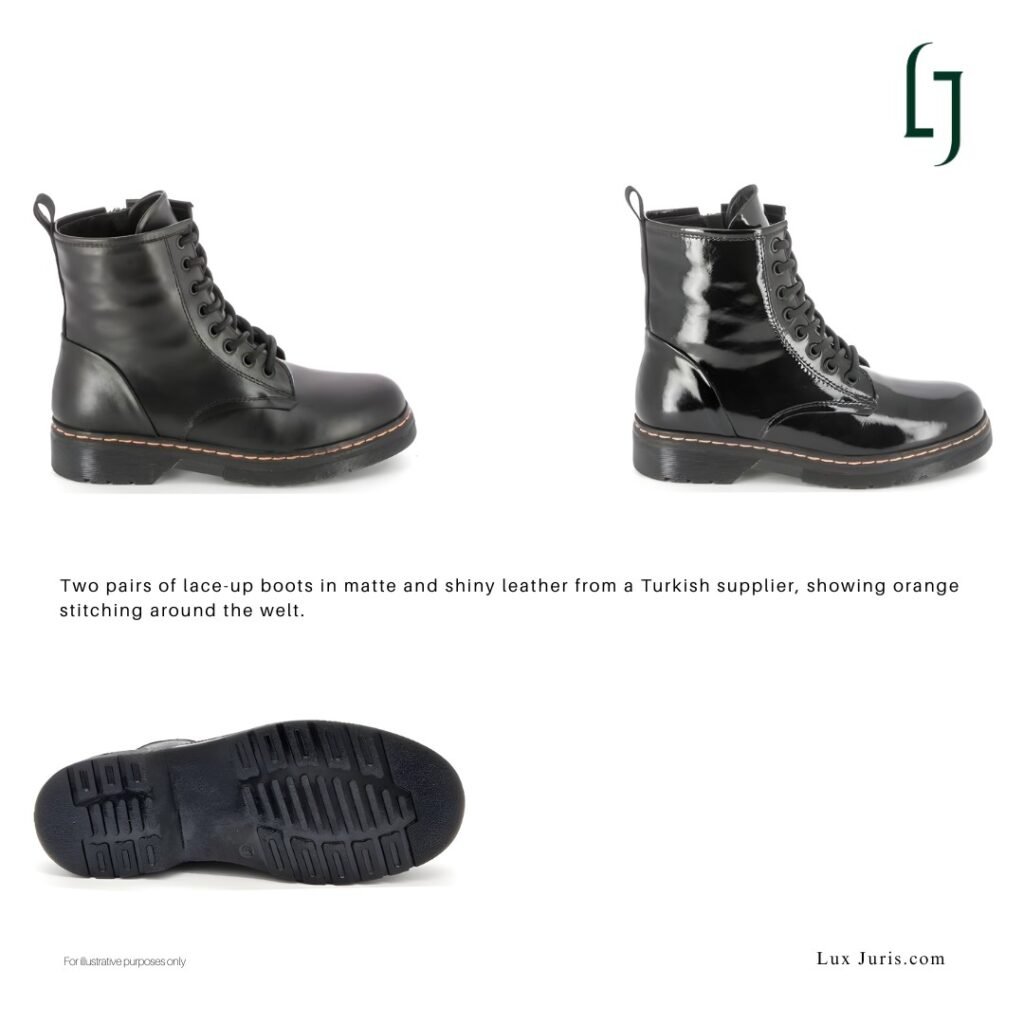 Two pairs of lace-up boots in matte and shiny leather from a Turkish supplier, showing orange stitching around the welt.