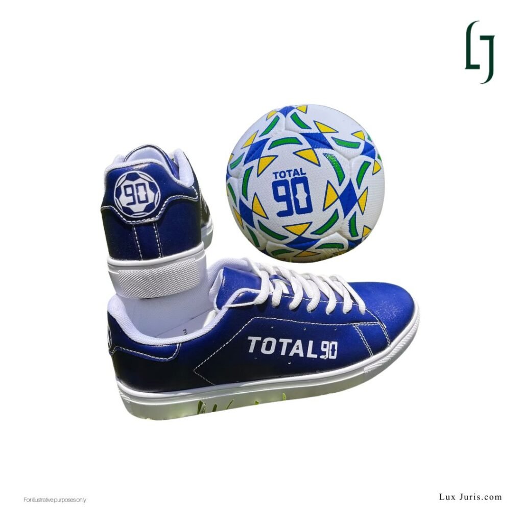 Image showing Total90 LLC footwear with a football, used to illustrate the use of the TOTAL90 trademark.