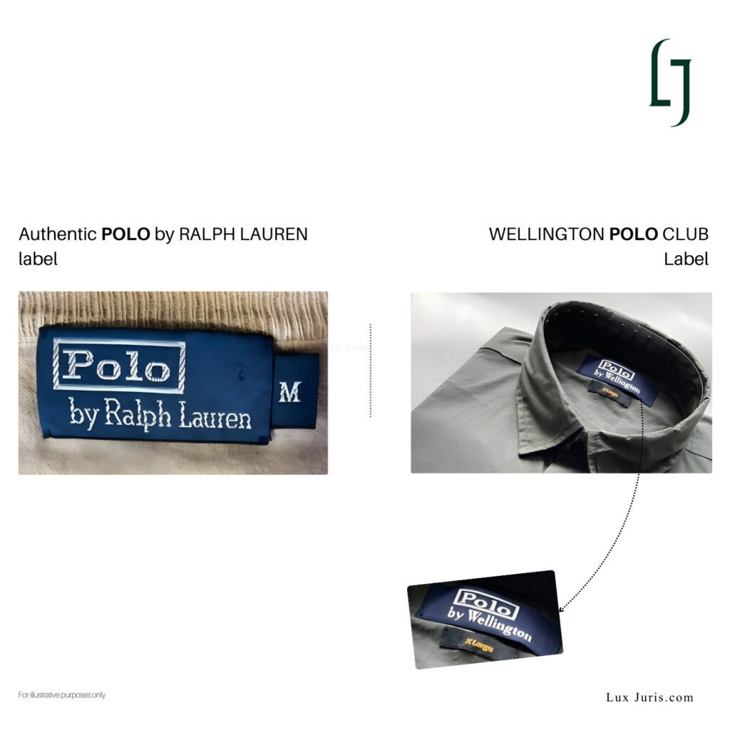 Image showing the "Authentic POLO by RALPH LAUREN" label and the "WELLINGTON POLO CLUB" label side by side: RALPH LAUREN on the left and Wellington Polo Club on the right for comparison.