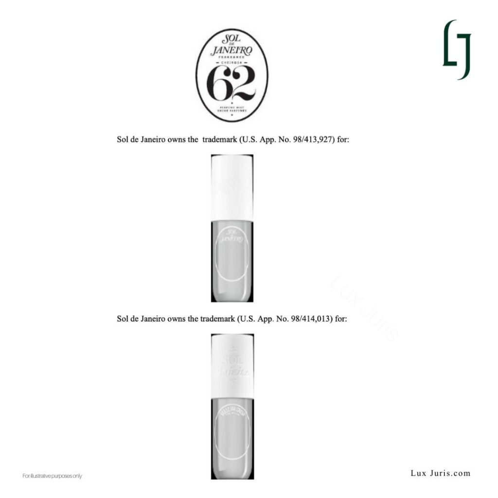 Image showing Sol de Janeiro’s registered and applied-for trademarks in classes 3 and 35, including U.S. Application Nos. 98/288,365, 98/413,927, and 98/414,013.