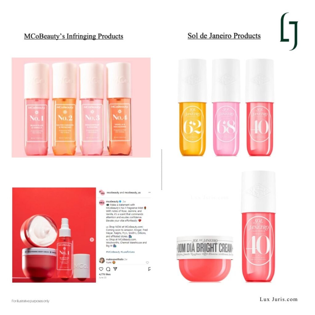 Images of MCoBeauty products on the left and Sol de Janeiro originals on the right, showing attempts to mimic popular Sol de Janeiro fragrances.