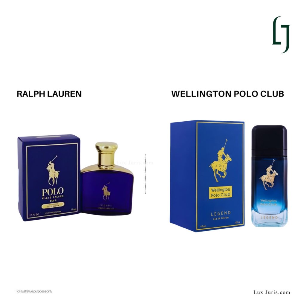 Image showing the brand marks on perfume bottles and packaging boxes side by side: "RALPH LAUREN" on the left and "Wellington Polo Club" on the right for comparison.