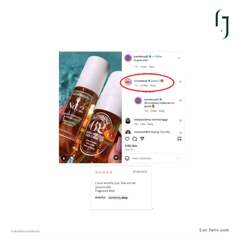 Screenshot of the MCoBeauty Trendmood post promoting its fragrance, referencing similarity to Sol de Janeiro Cheirosa Perfume.