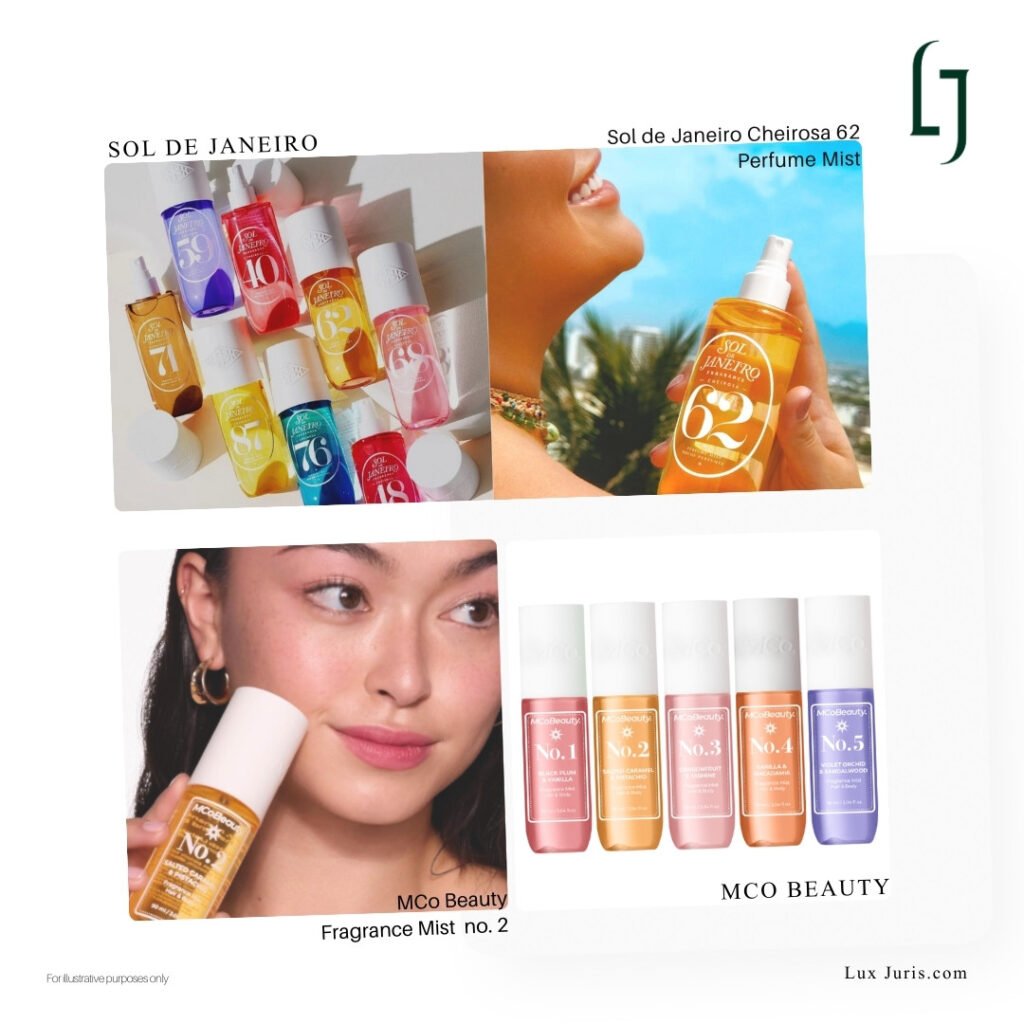 images of dupe products, on the left, MCoBeauty Fragrance; on the right, Sol de Janeiro Cheirosa Perfume mist, showing similarity in packaging