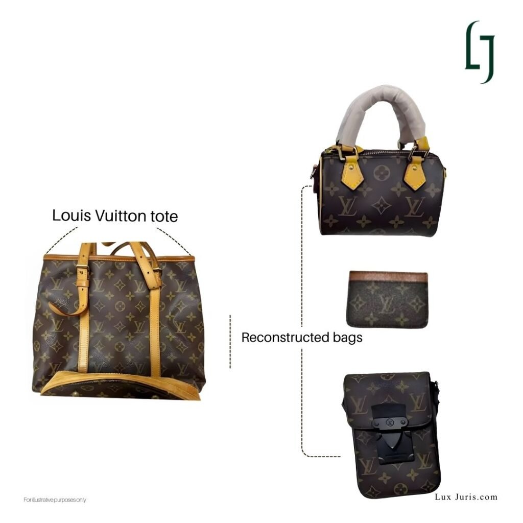 Louis Vuitton handbag before modification (left) and after reconstruction by Bangtu (right).