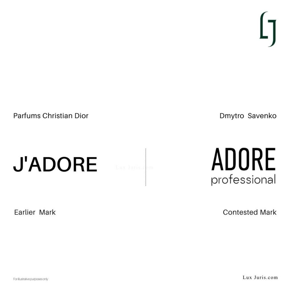 Image showing two marks used for trademark comparison, J'ADORE and ADORE Professional