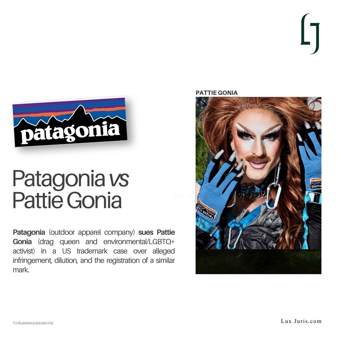 Side by side: the Patagonia P6 logo on the left and a photo of PATTIE GONIA on the right.