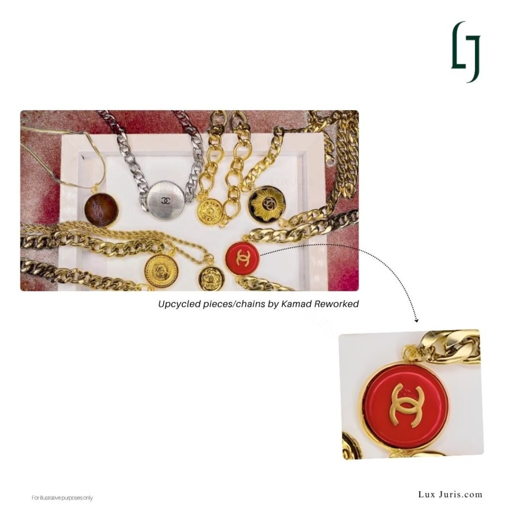 Upcycled jewellery pieces by Kamad Reworked incorporating Chanel-branded elements.