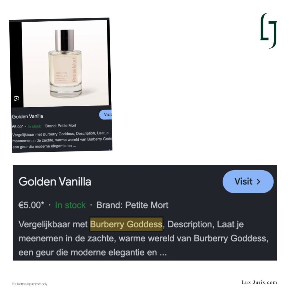 Illustrative screenshot of Petite Mort's Golden Vanilla perfume listing referencing Burberry Goddess.