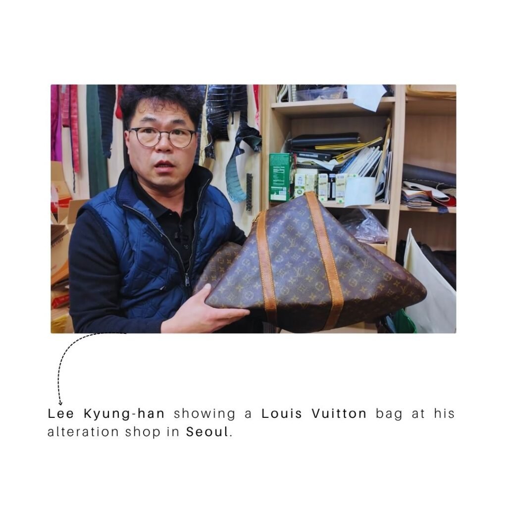 Lee Kyung-han showing a Louis Vuitton bag at his alteration shop in Seoul.